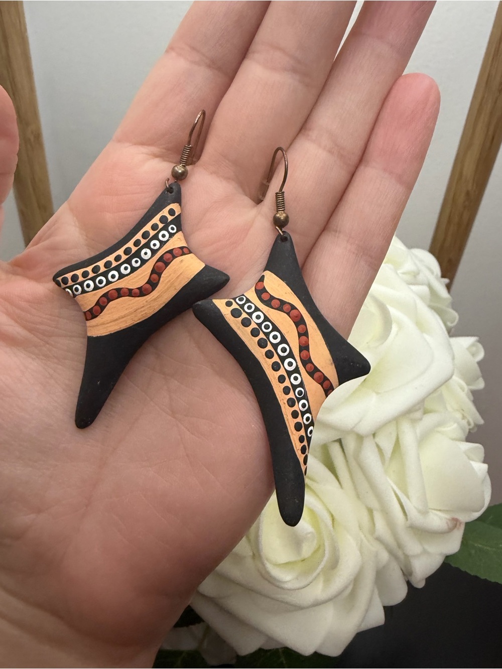 Hand-Painted Black and Gold Tribal Dangle Earrings